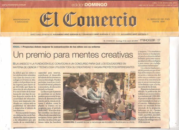 El Comercio - Premio UNESCO - ELIC 2008